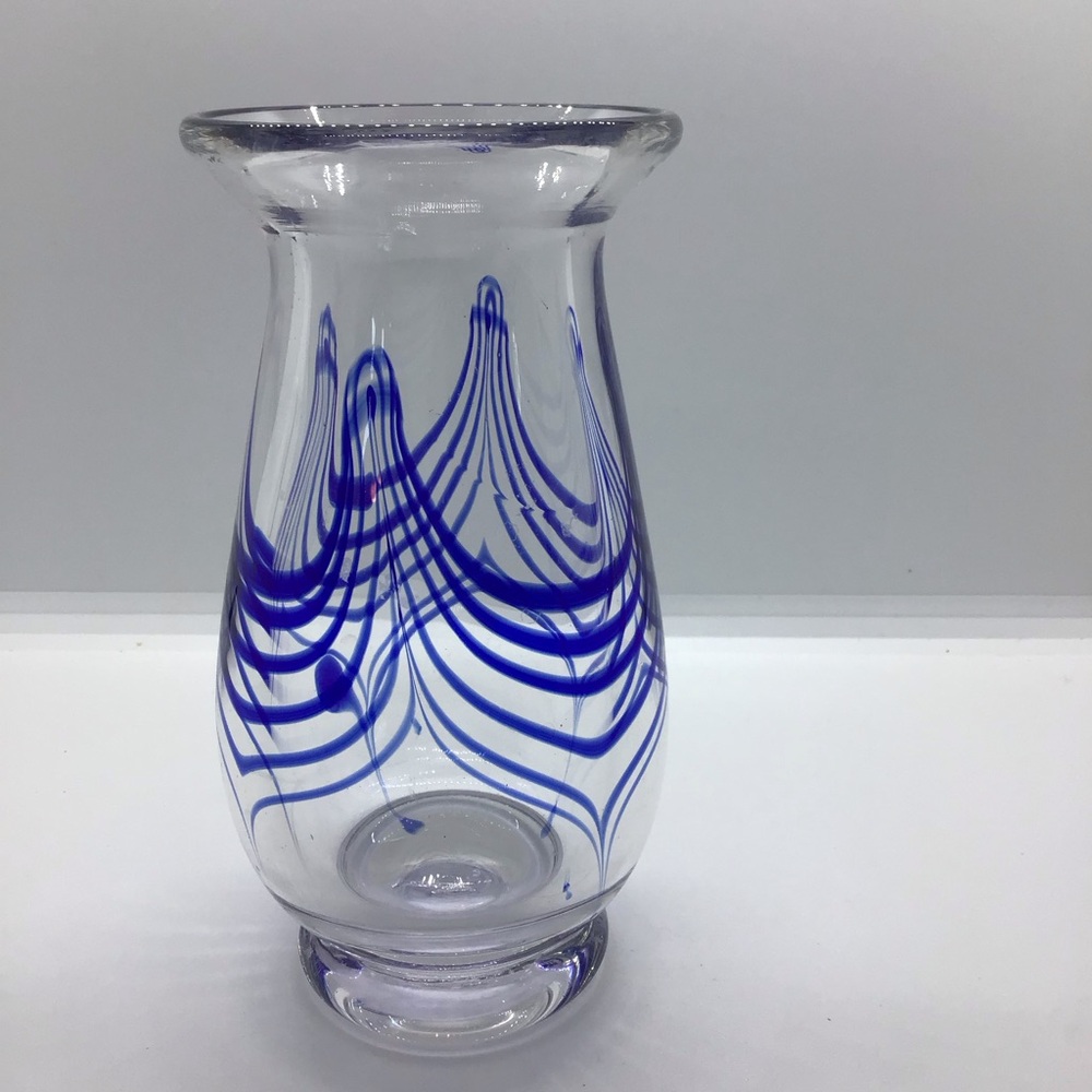 Vintage Hand Blown Blue Pulled Feather Thick Art Glass Vase